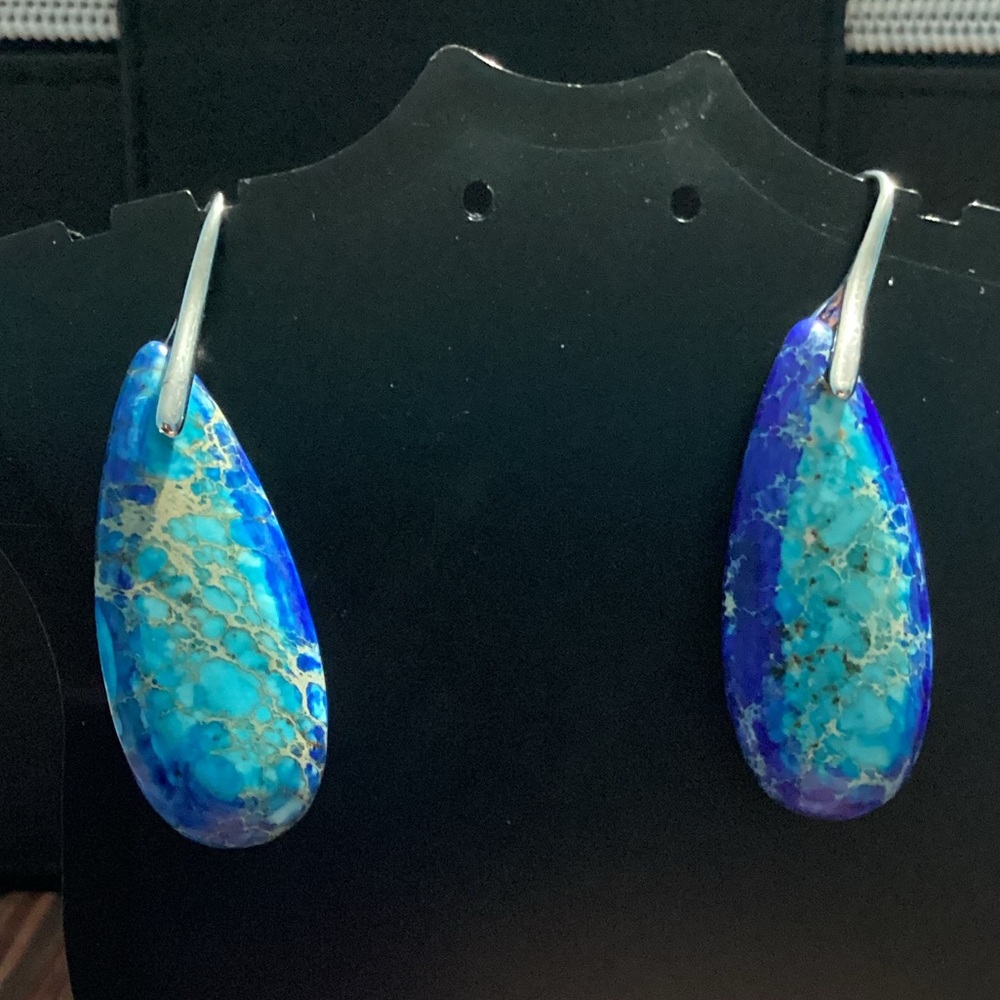 🪸Blue Sea Sediment Waterdrop Natural Stone French hook Earrings🐚 - Picture 2 of 12